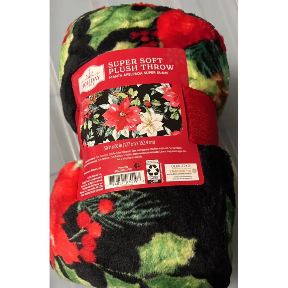 Brand New Holiday Time Super Soft Plush Throw Blanket 50x60" Black Floral